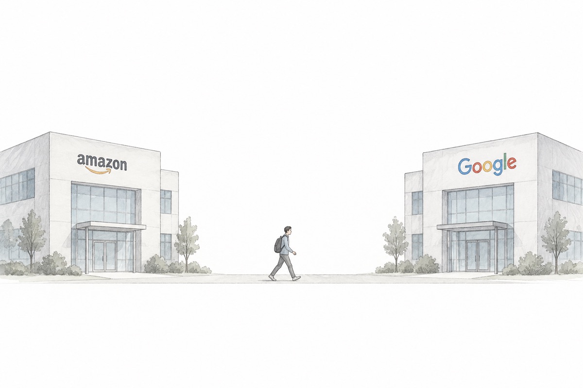 A muted architectural sketch of a person walking from an Amazon office building toward a Google office building.