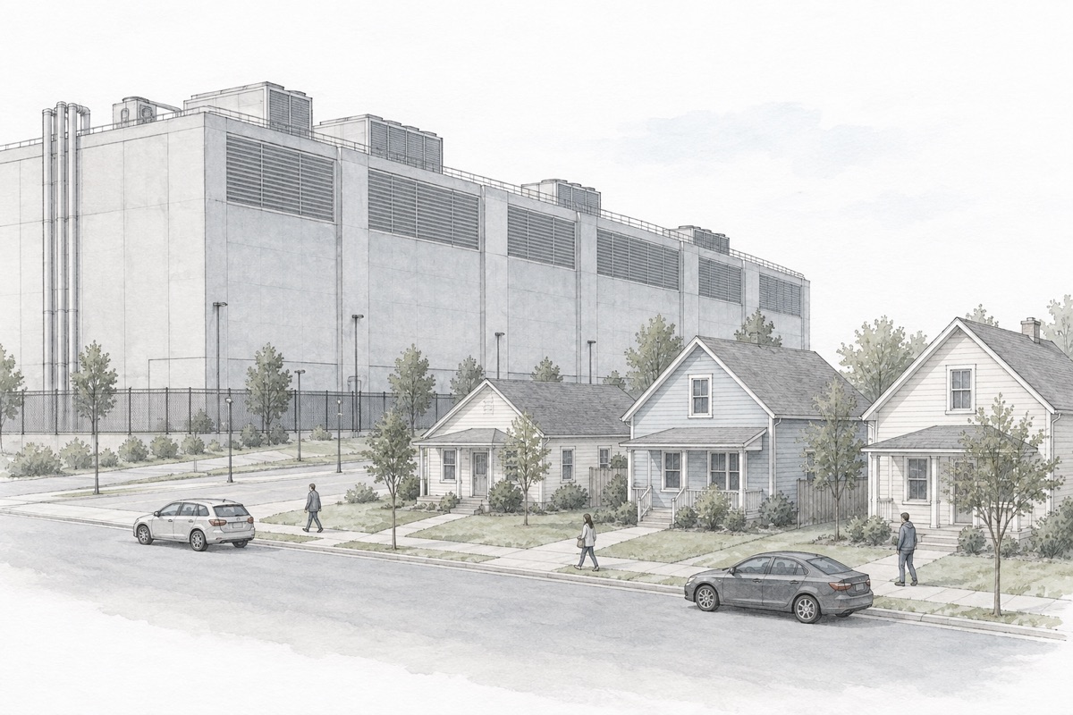 A pale architectural sketch of a large data center beside three neighborhood homes, with cars on the street and residents on the sidewalk.